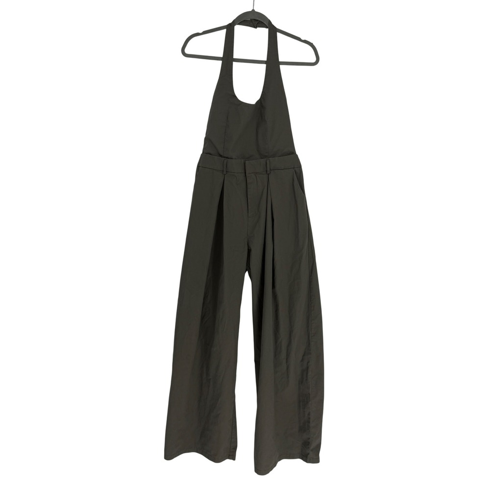 Zara Olive Green Halter Wide Leg Jumpsuit Pleated Front Cotton Small - Picture 3 of 9